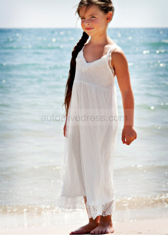 White Lace Tea Length Boho Beach Flower Girl Dress